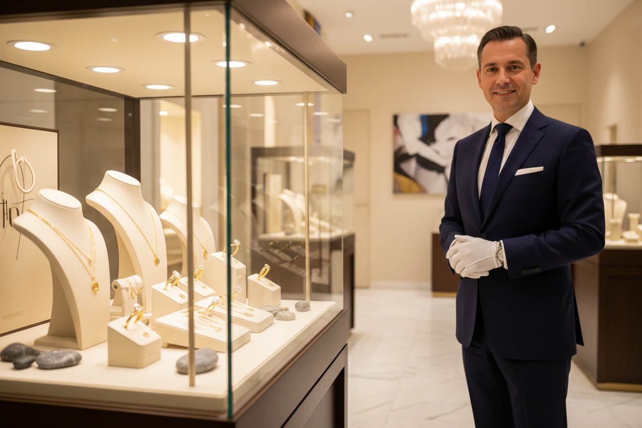 Fotorealistisches Foto eines eleganten Juwelier-Innenraums in Mannheim. Vordergrund: hochwertige Glasvitrine mit 585er-Goldschmuck (Ketten, Ringe, Armbänder) perfekt dekoriert. Rechts im Bild steht ein Juwelier in dunkelblauem Anzug mit weißen Baumwollhandschuhen, dezent lächelnd, Hände vor der Theke gefaltet. Warmes Schaufensterlicht, goldene Reflexe, cremige Tiefenschärfe, High-end Lighting, 50 mm, edle Materialität, Premium-Look. Keine Marken/Logos im Bild, Blickwinkel leicht seitlich, Raum wirkt modern 