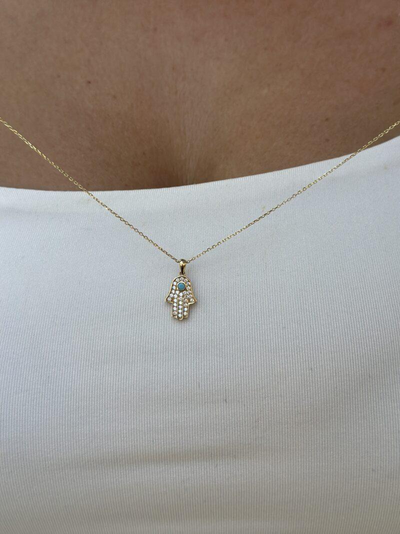 ''Hamsa Fatimas Hand Türkis''-Kette mit Anhänger - 585er Gold - Juwelier Di-EL – Bild 7