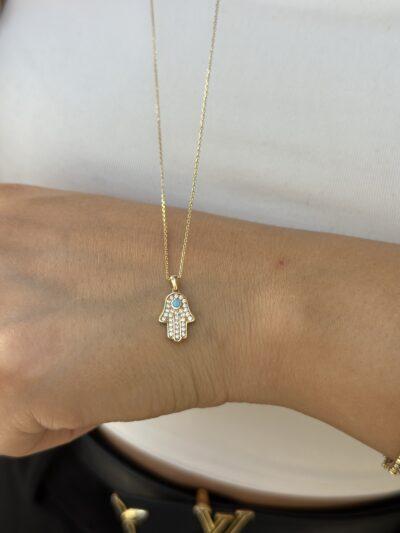 ''Hamsa Fatimas Hand Türkis''-Kette mit Anhänger - 585er Gold - Juwelier Di-EL