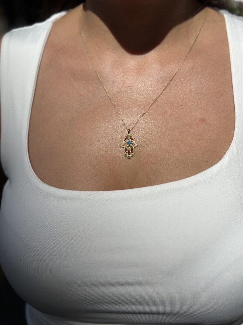 Fatimas Hand mit bunten Steinen-Kette mit Anhänger - 585er Gold - Juwelier Di-EL – Bild 3