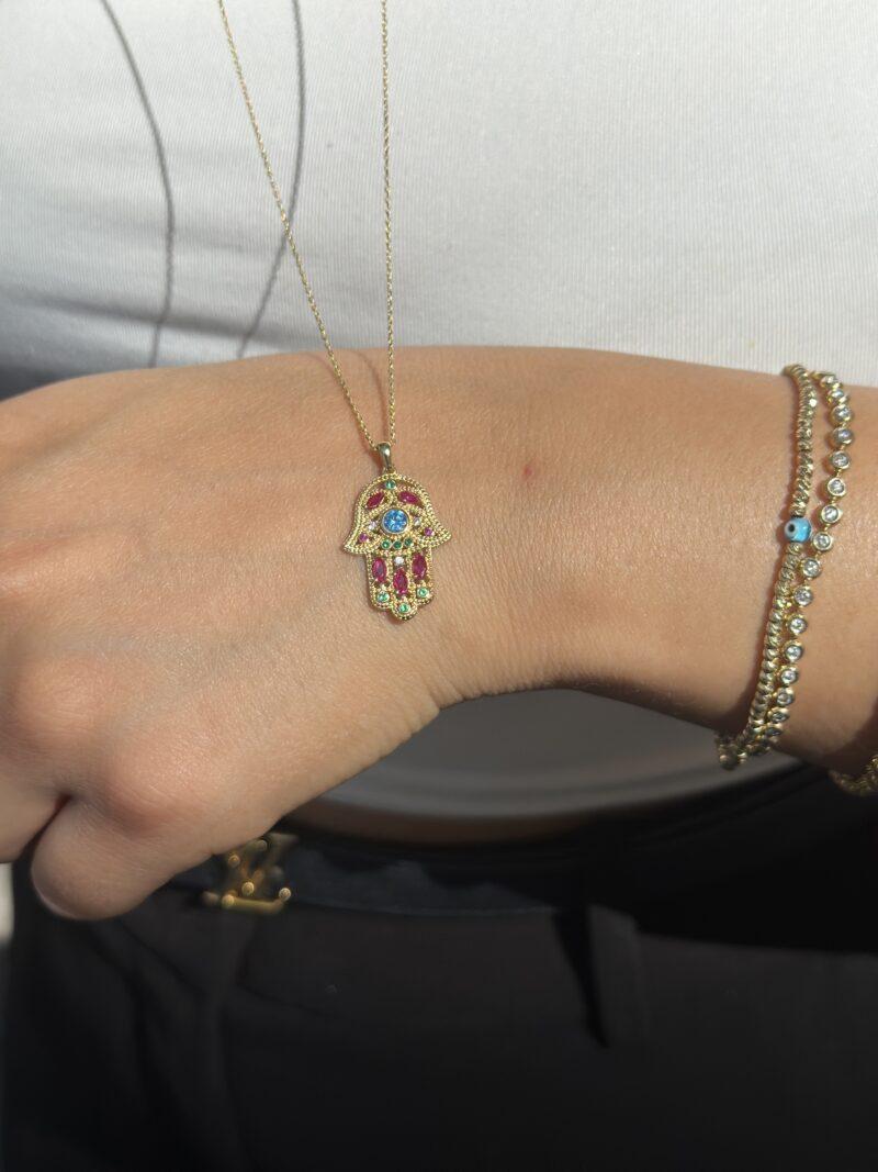 Fatimas Hand mit bunten Steinen-Kette mit Anhänger - 585er Gold - Juwelier Di-EL – Bild 8