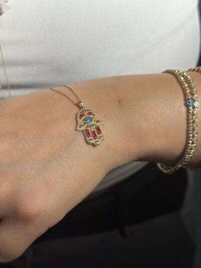 Fatimas Hand mit bunten Steinen-Kette mit Anhänger - 585er Gold - Juwelier Di-EL